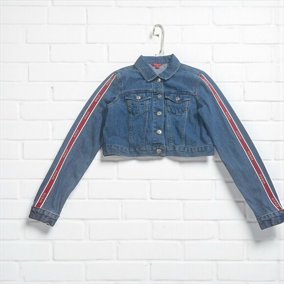 Guess Cropped Denim Jacket Red Stripe Button Front Size Small Juniors Retro - Picture 1 of 12